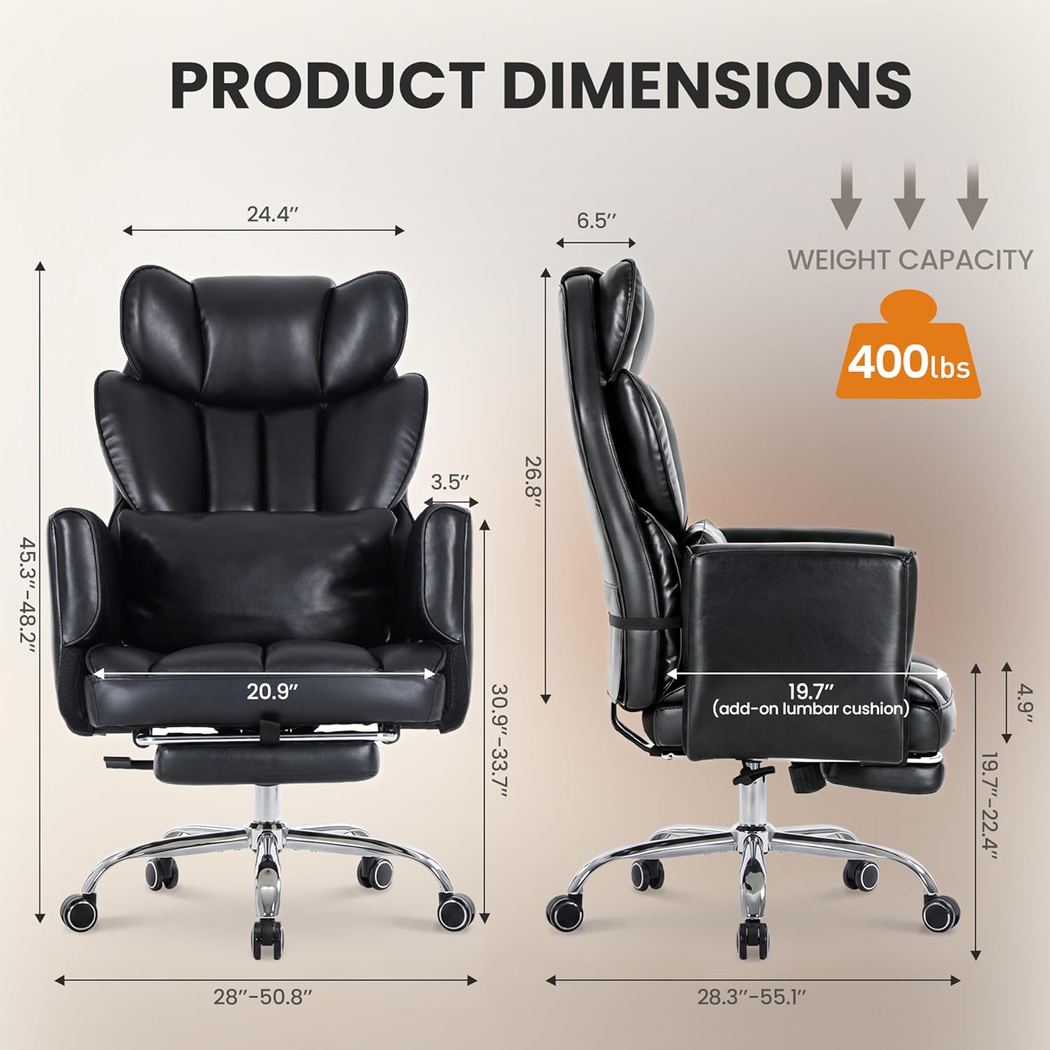 Detalle 2 de MALOL OCS32 Big and Tall Office Chair with Footrest, Flip Arms and Recline