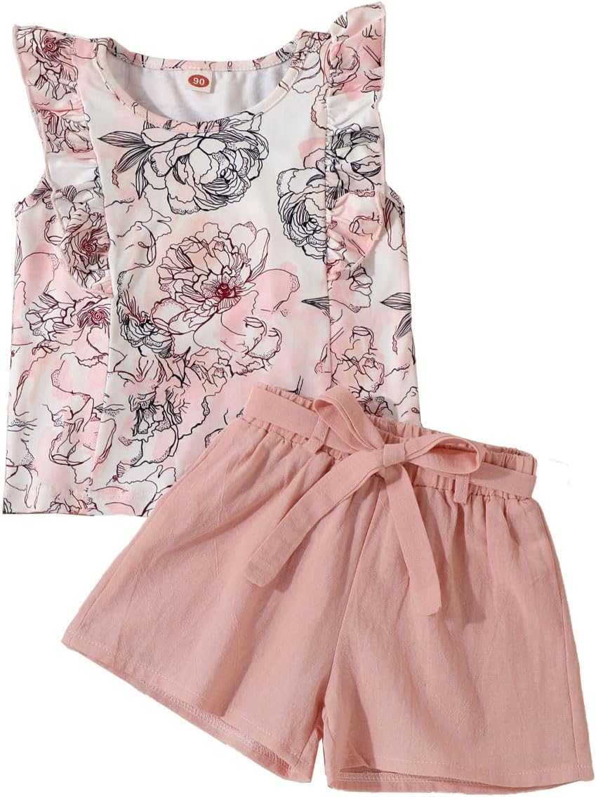 Detalle 2 de HEOXIN Mädchen-Set: Ärmelloses Top mit Blumenmuster + Shorts, Grü,n/Rosa, 5–6 Jahre