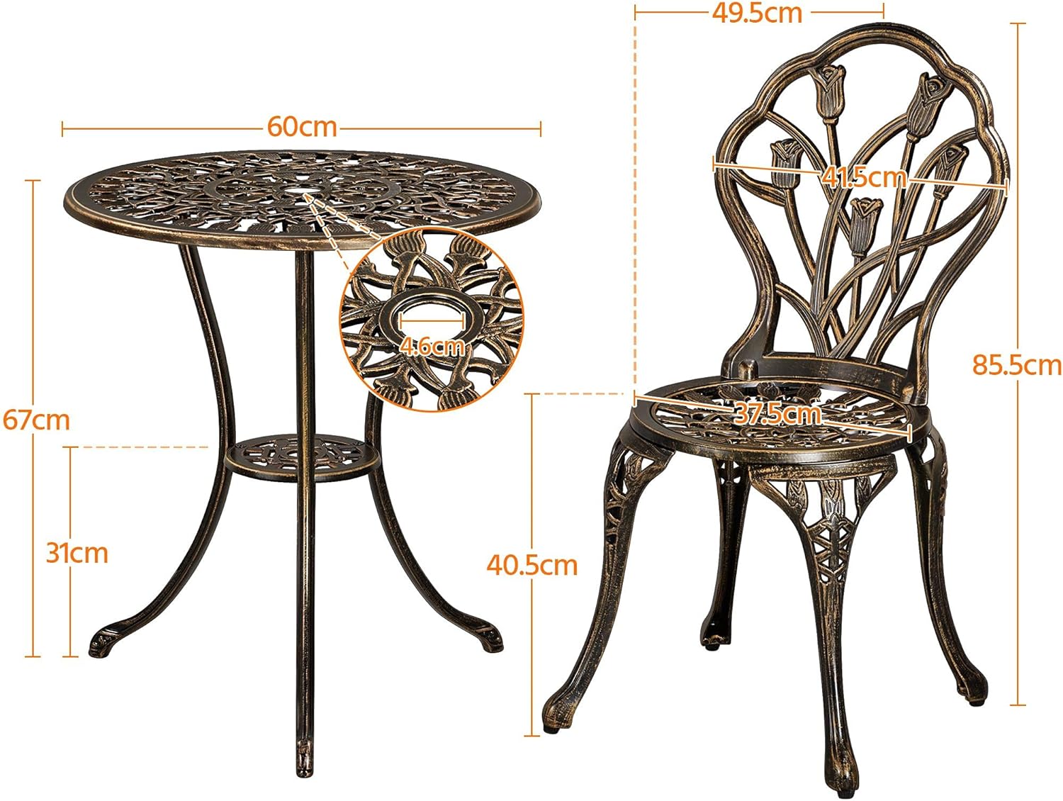 Thumbnail 2 de Yaheetech Set tavolo e sedie da giardino 3 pezzi: stile tulipano in lega di alluminio bronzo