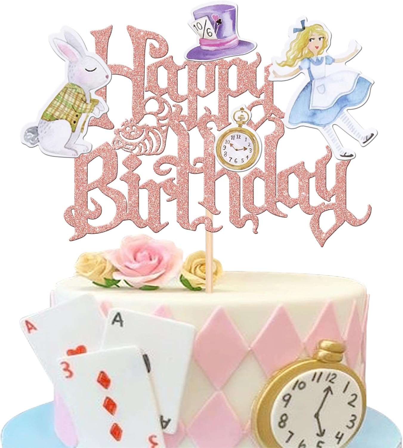 Detalle de SYKYCTCY 1 Pack Happy Birthday Alice Cake Topper Glitter Kit