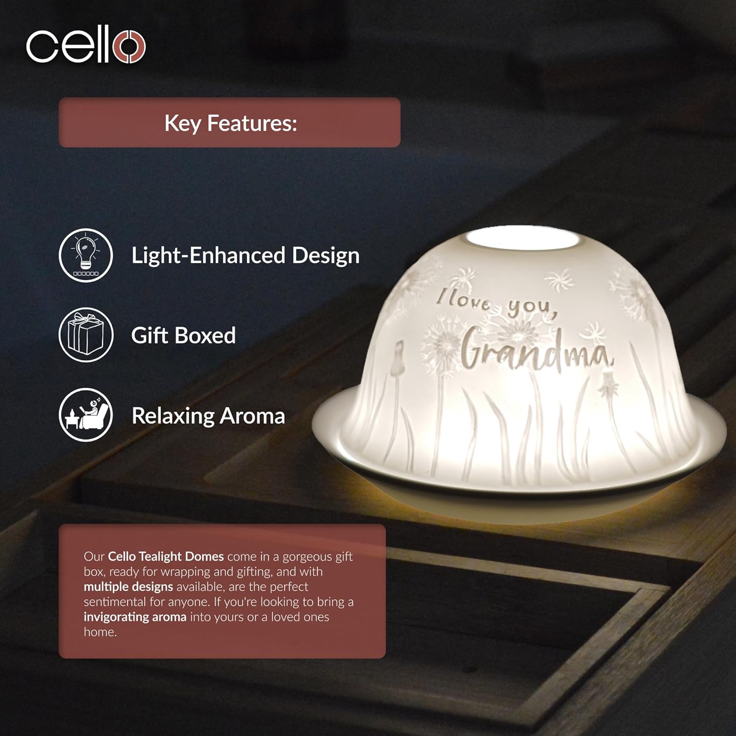 Thumbnail 4 de Cello Porcelain Tealight Holder Dome “I Love You Grandma” 3D Projection LED/Wax Warmer