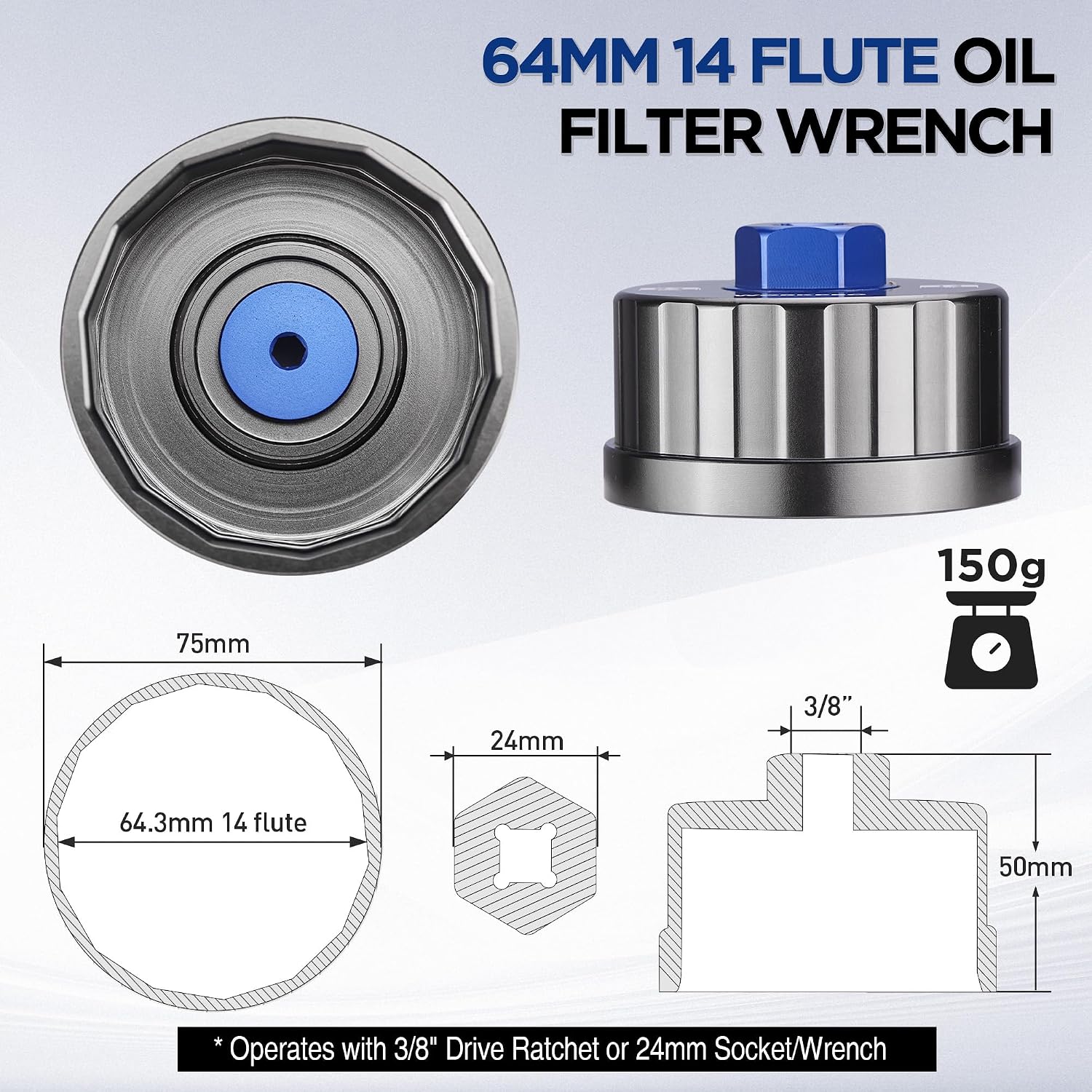 Thumbnail 3 de WORKPRO 64mm Oil Filter Wrench, 14-Flute CNC-Machined Aluminum Tool