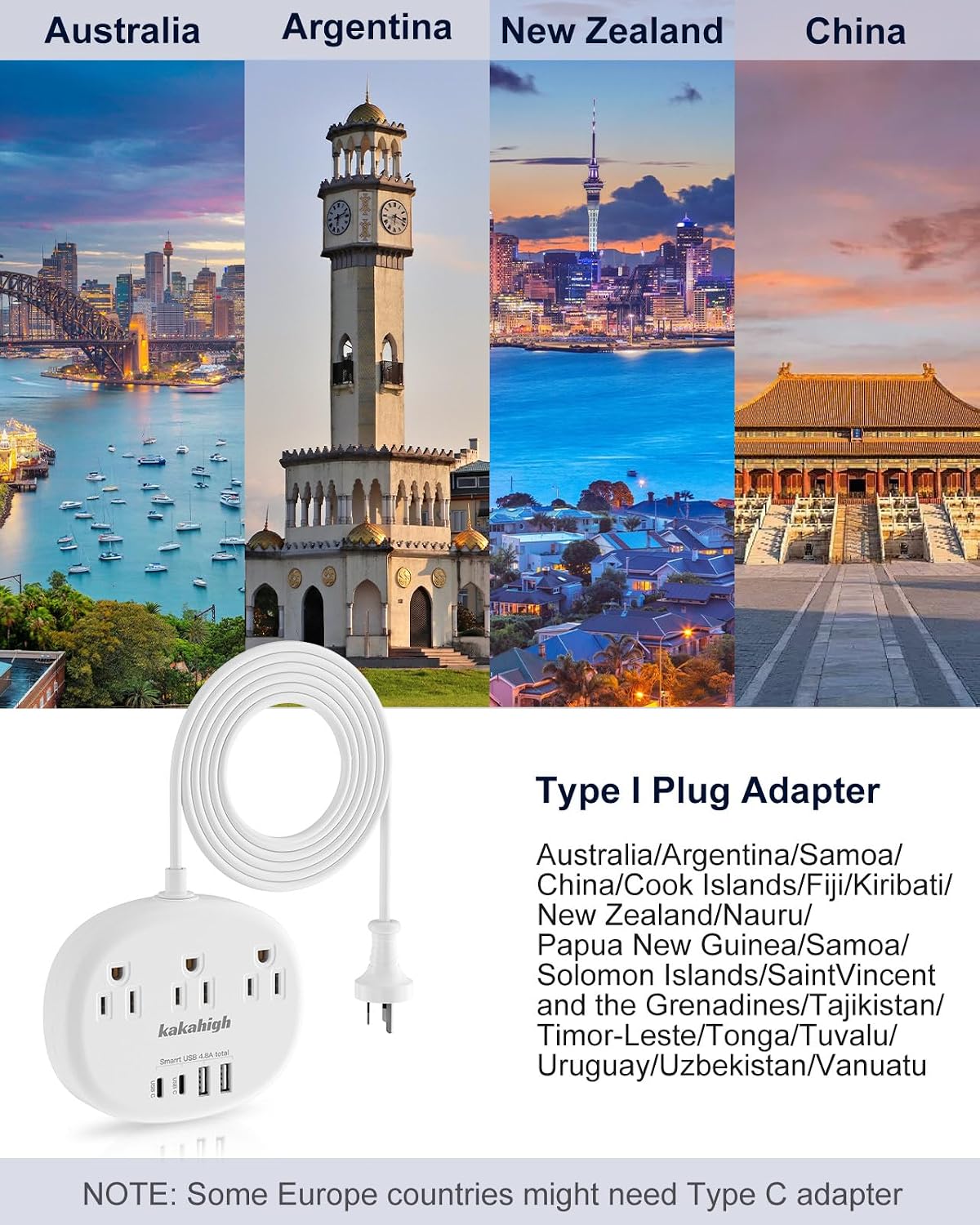 Detalle de kakahigh 771 Australia Travel Adapter, 3 AC Outlets, 4 USB Ports