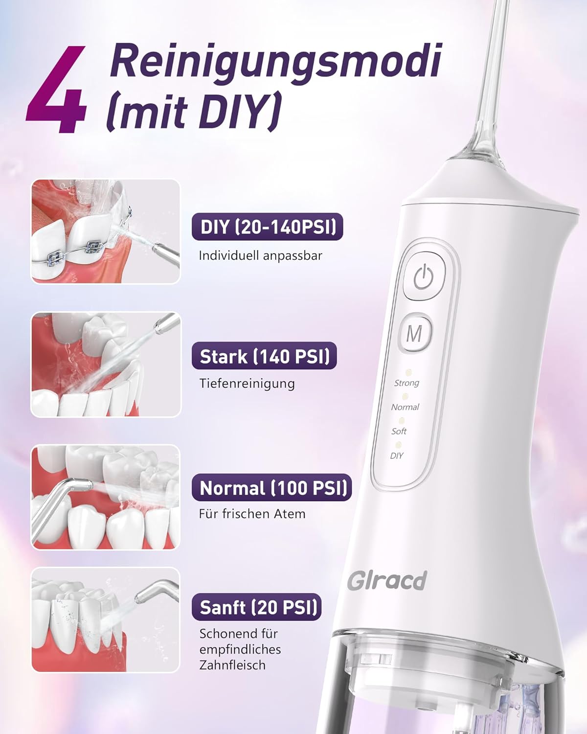 Detalle de Water Flossers for Teeth Cordless: Glracd 4-Mode Oral Irrigator with 8 Jet Tips and 300 ml Tank