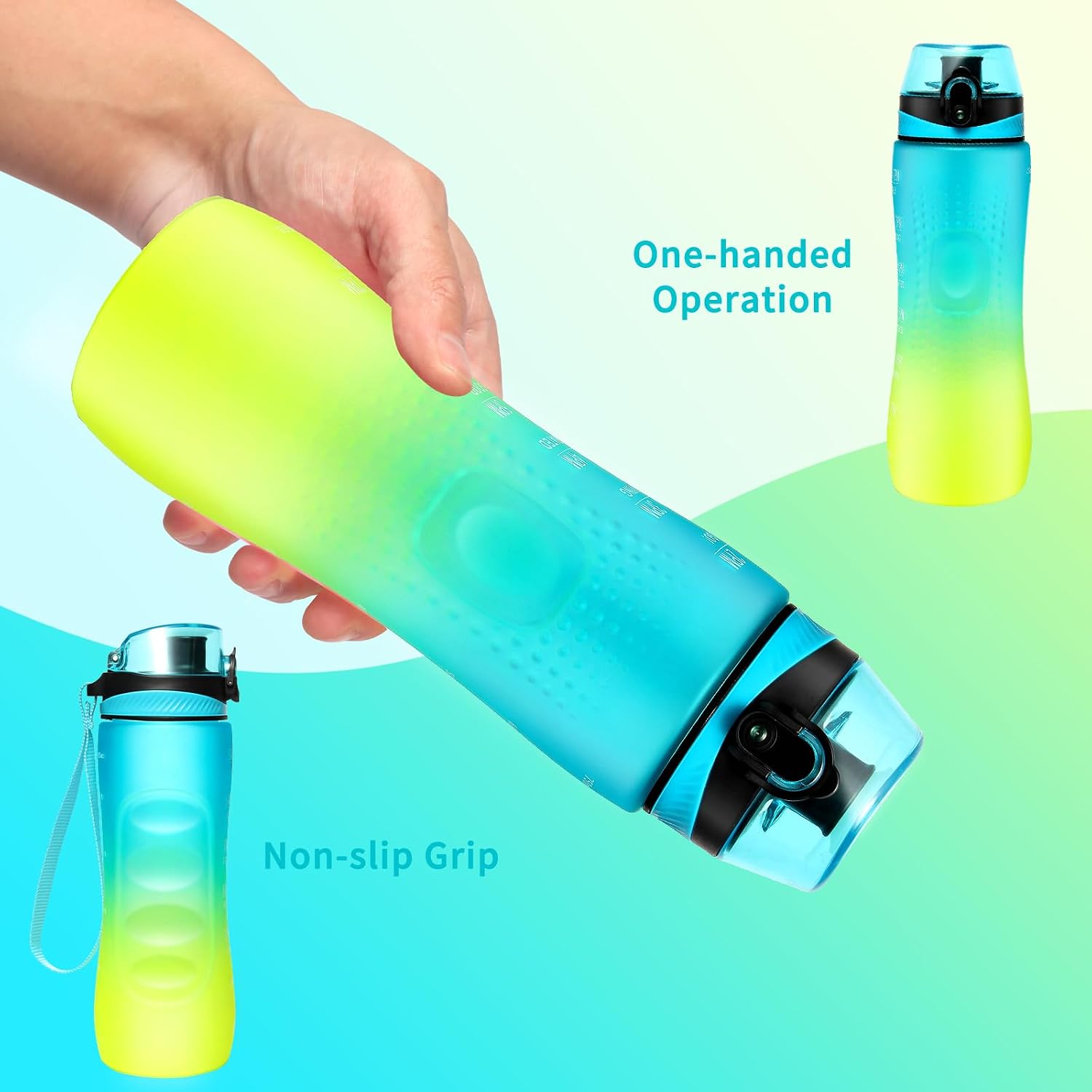 Detalle de Binudum Motivations-Trinkflasche mit Zeitmarkierung (Tritan, BPA-frei) Blau Gold, 750 ml