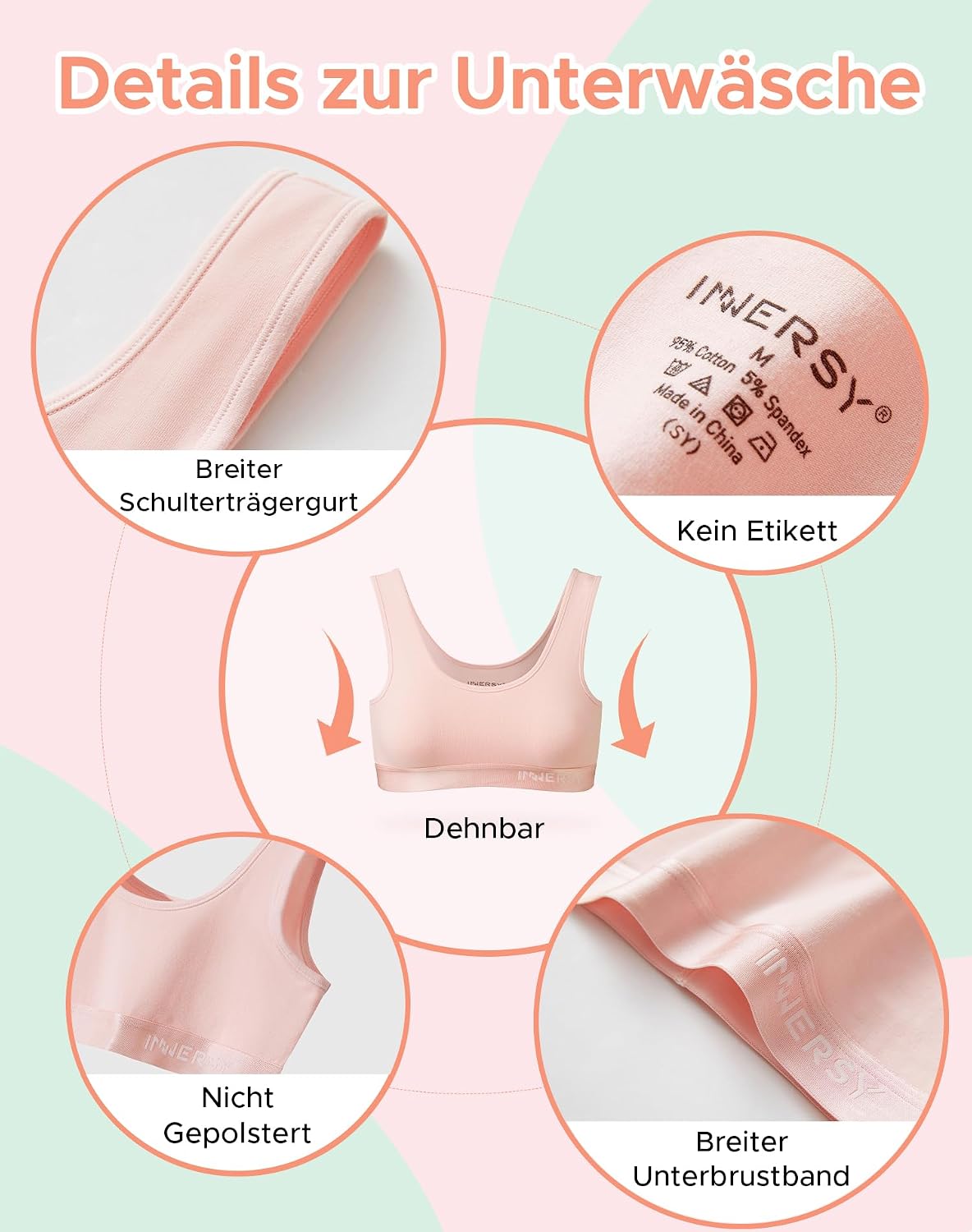 Detalle 2 de INNERSY Mädchen-Bustier Sport-BH aus Baumwolle ohne Bügel (Bralette) – 3er Pack, für 6–16 Jahre
