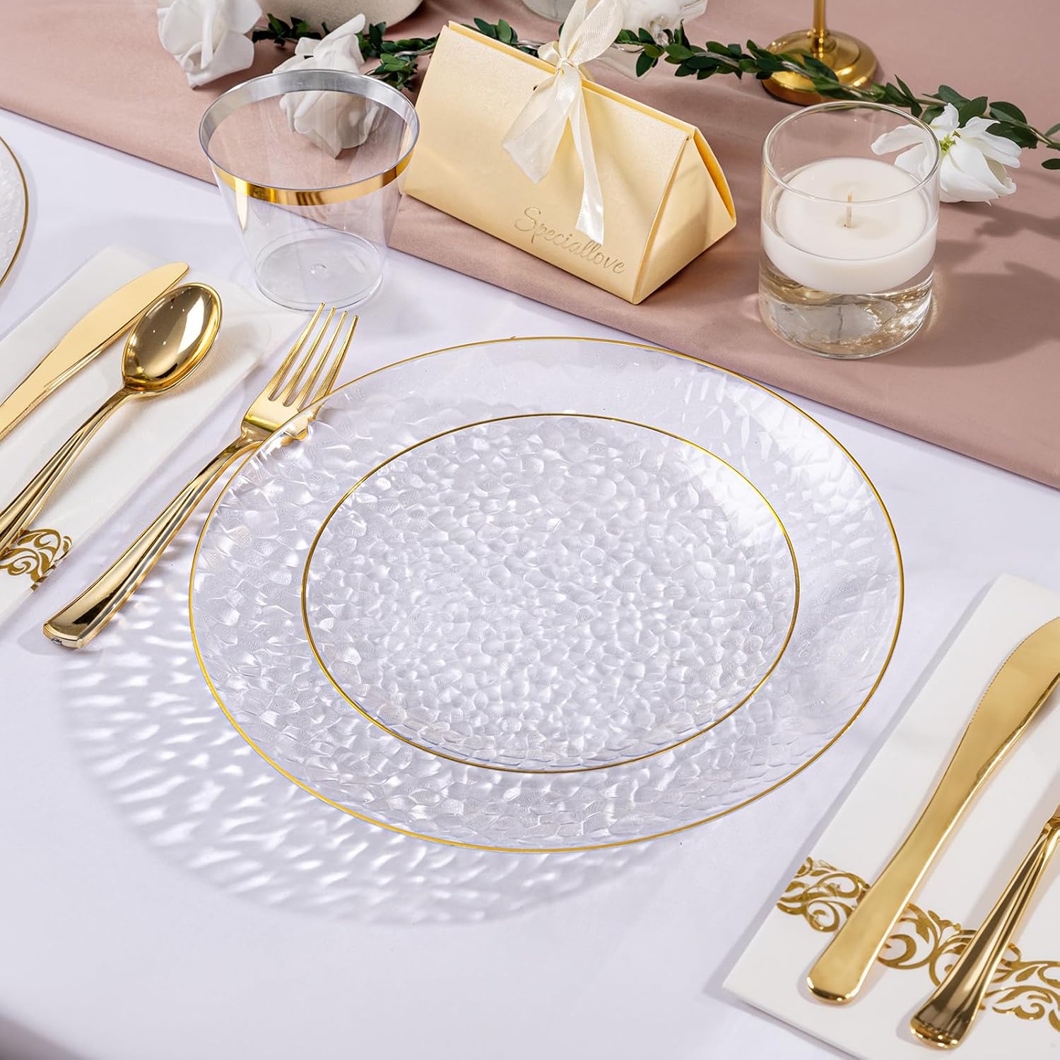 Thumbnail 1 de DaYammi 350-Piece Clear Gold Plastic Dinnerware Set (Hammered Style) for 50 Guests