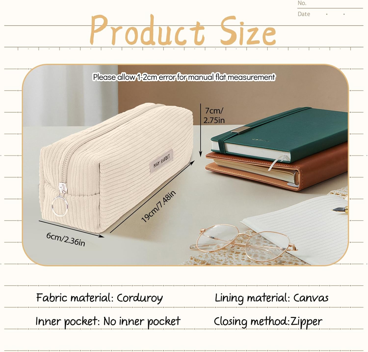 Thumbnail 1 de Electri-HQ Pencil Case (Creme) – Federmäppchen aus Cord-Stoff mit 8 Farben, 19×7×6 cm