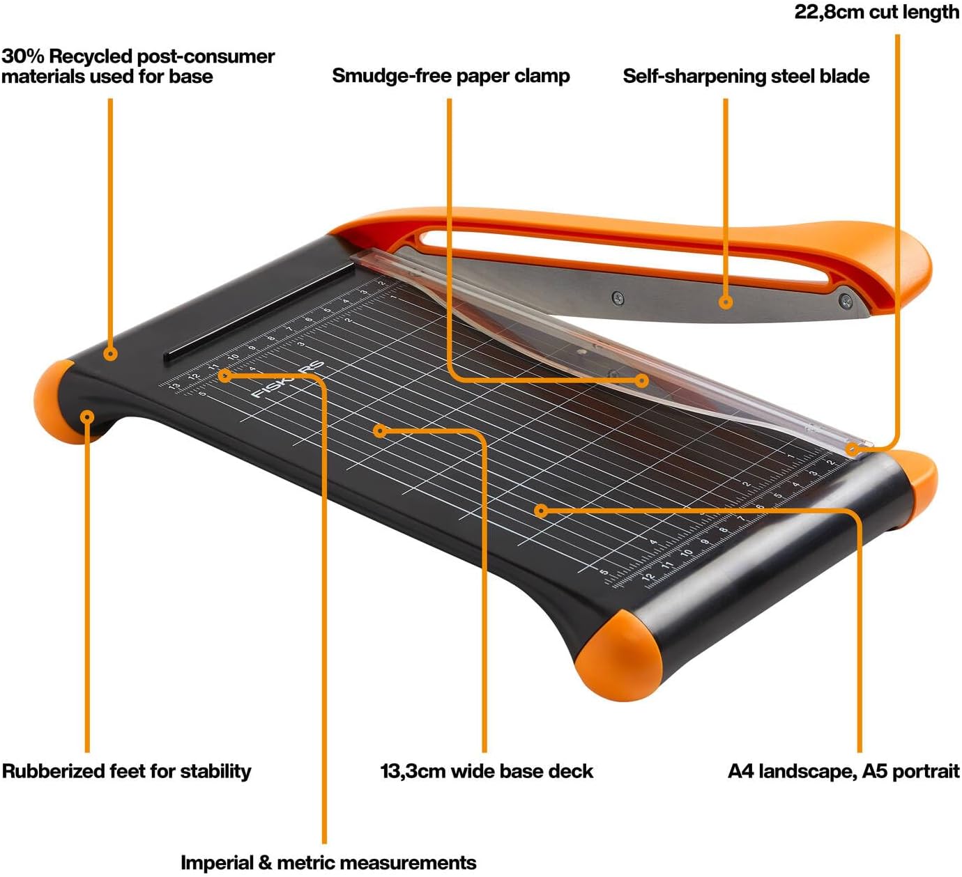 Detalle de Fiskars Guillotine Bypass – Format A5 vertical / A4 horizontal, lame auto-affûtante, protège-doigts, 30% recyclé (1077982)
