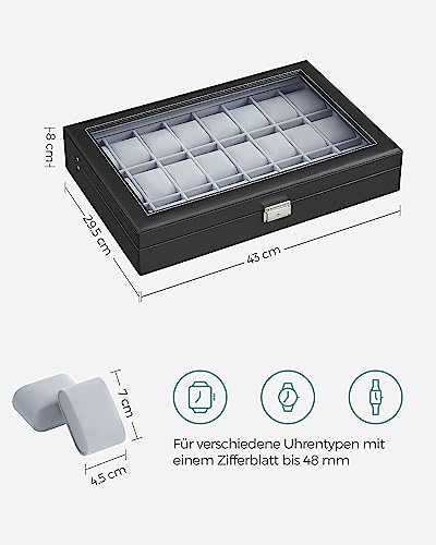 Detalle de SONGMICS JWB024 Uhrenbox: 24 Fächer, Glasdeckel, PU-Schwarz, Samtfutter-Grau