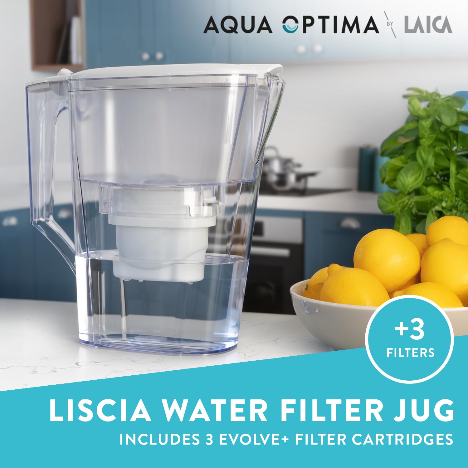 Thumbnail 1 de Aqua Optima Liscia 2.5L Water Filter Jug with 3 Evolve+ Cartridges (Fridge & dishwasher friendly) - White