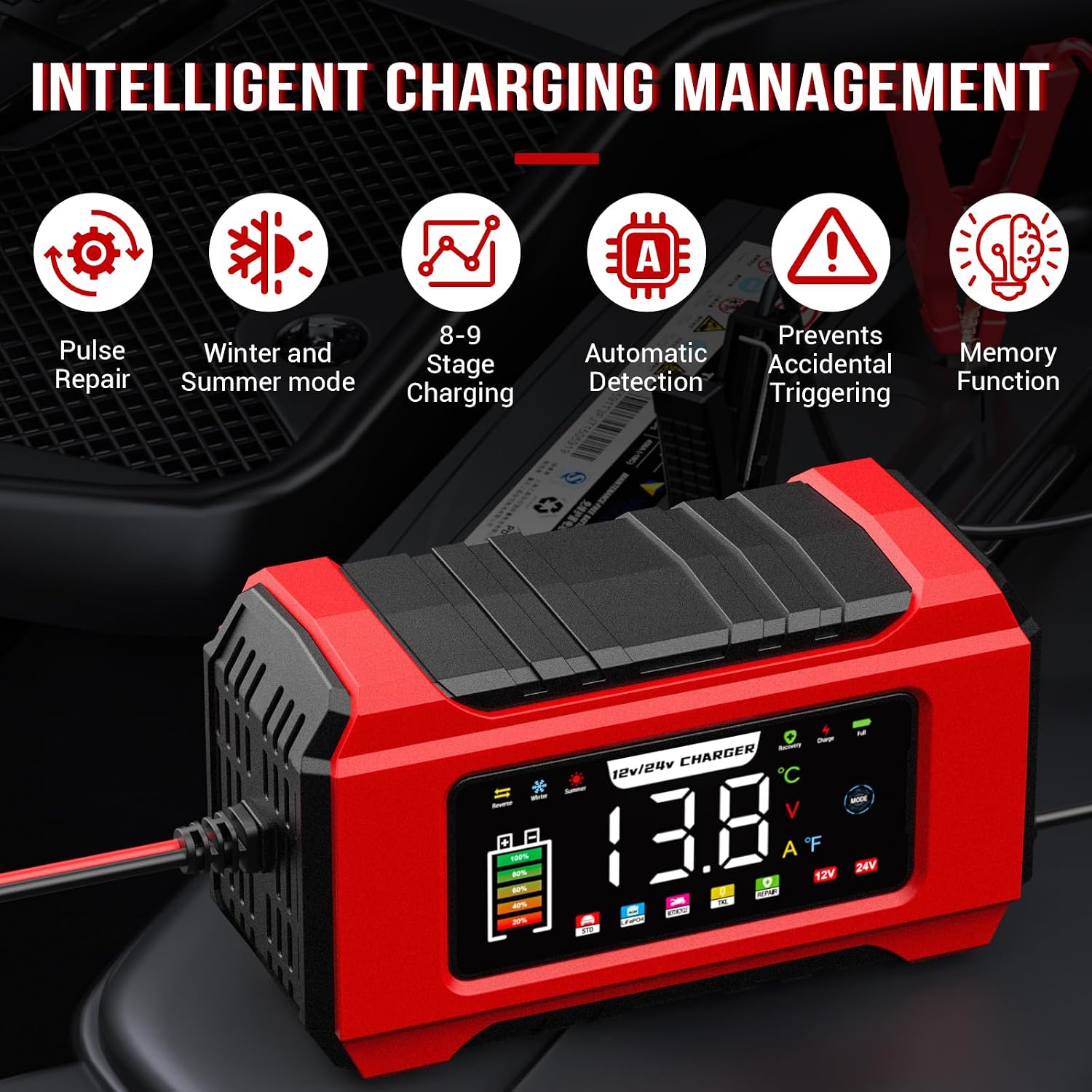 Thumbnail 4 de 15A Car Battery Charger, 12V/24V Smart Fully Automatic with Temperature Compensation