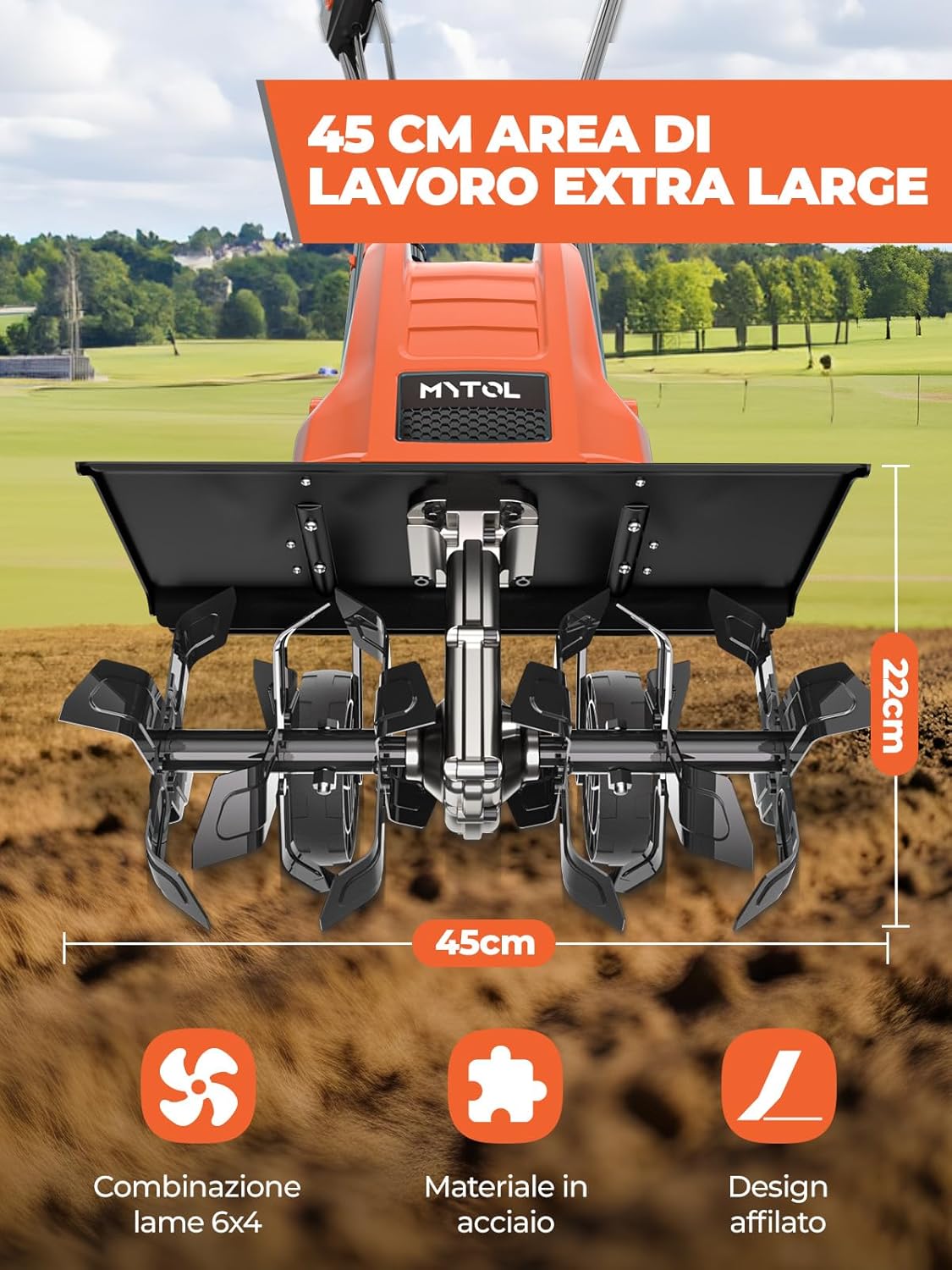Detalle 2 de MYTOL Motozappa 1500W – 45 cm di Lavoro, 6×4 Denti in Acciaio, Manico Pieghevole