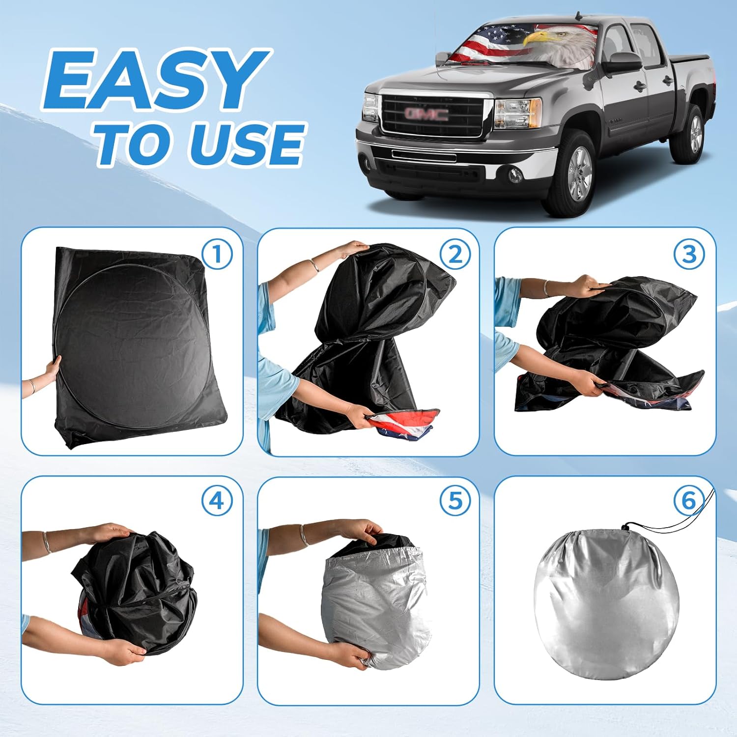 Thumbnail 1 de SEPORUD Folding Windshield Sun Shade with American Eagle Flag Design (XL, Universal Fit up to 66" x 36")