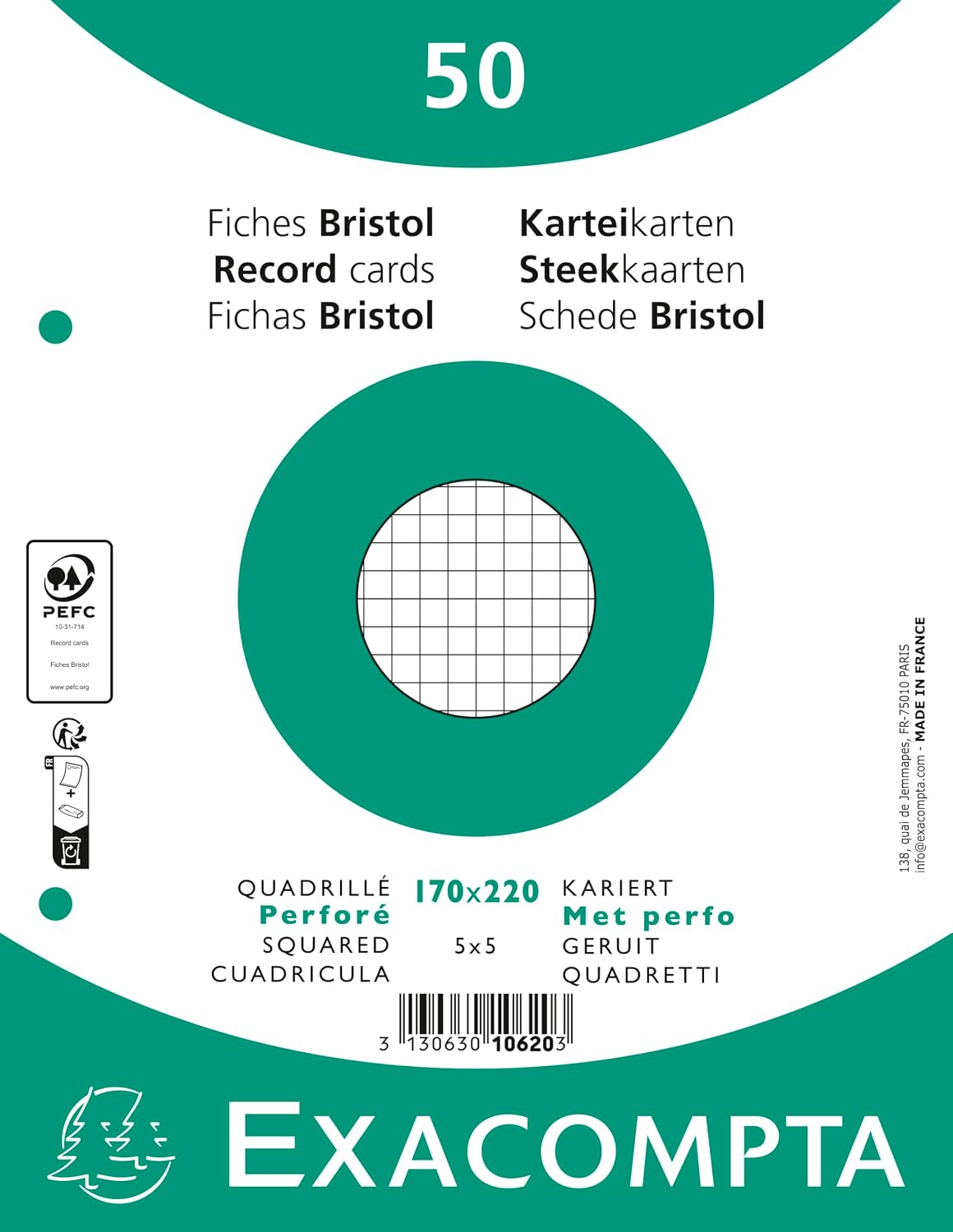 Detalle de Exacompta 12606E – Paquet de 50 fiches Bristol quadrillées 5x5 perforées, 210 x 297 mm, blanc, sous film
