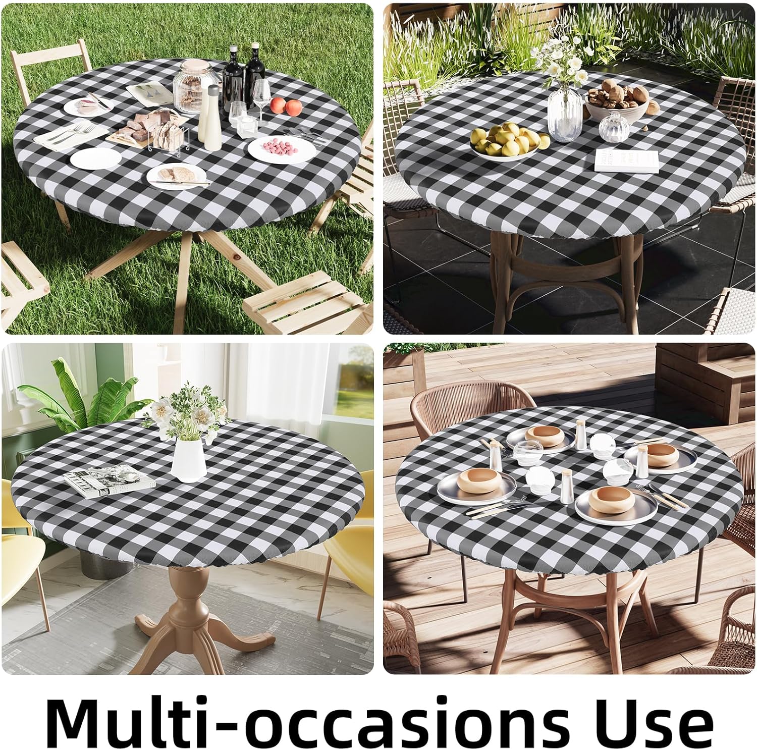 Thumbnail 6 de Smiry Round Picnic Tablecloth (Elastic Fitted, Waterproof Vinyl) for 36"–44" Tables in Black & White Buffalo Plaid