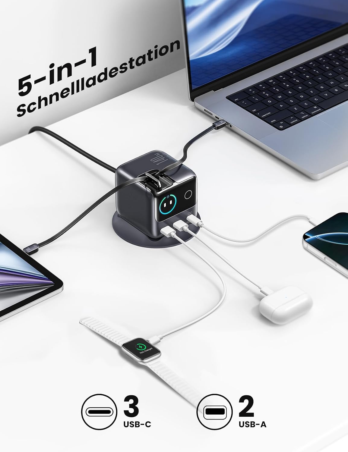 Thumbnail 2 de JOyroom PODIX 140W 5‑in‑1 GaN Ultra Ladelstation mit USB‑C Retraktabel-Kabeln und Smart LCD