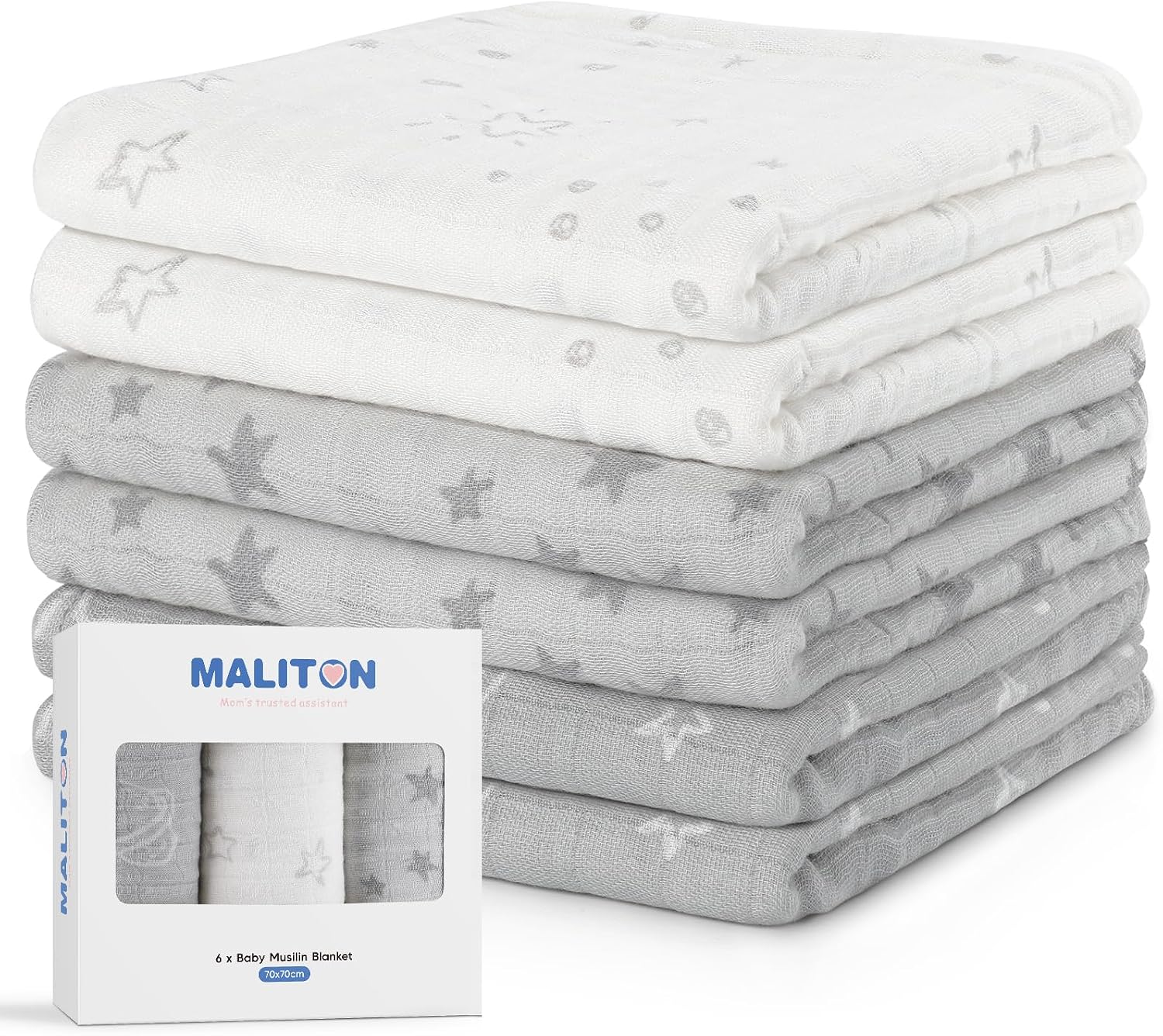 Detalle de Maliton Mussole Neonato in bambù e cotone (muselina), 6 pz 70x70 cm