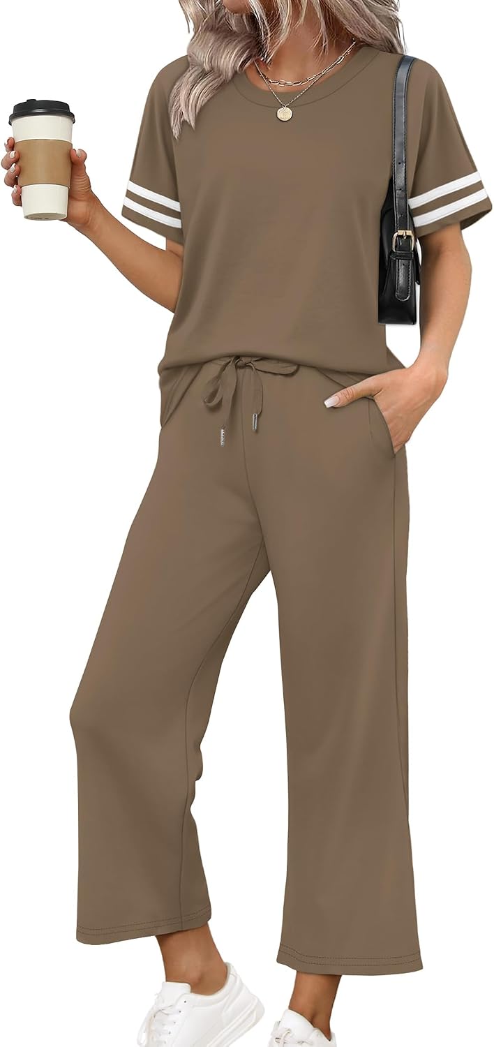 Thumbnail 6 de WIHOLL Two-Piece Lounge Set for Women: Striped Short-Sleeve Top & Wide-Leg Pants