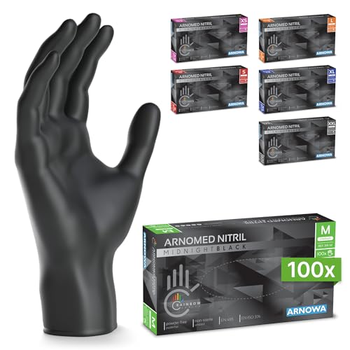 Detalle de ARNOMED Guantes nitrilo Midnight Black talla M | Descartables sin polvo, sin látex, para cocina, laboratorio y uso sanitario