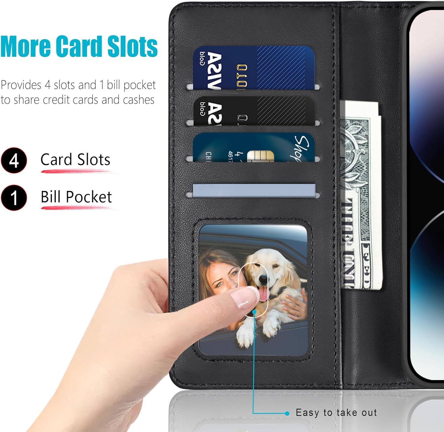 Thumbnail 1 de Kuafcase Wallet Case for iPhone 14 Pro Max with 4 Card Slots, Magnetic Closure and Kickstand – Black