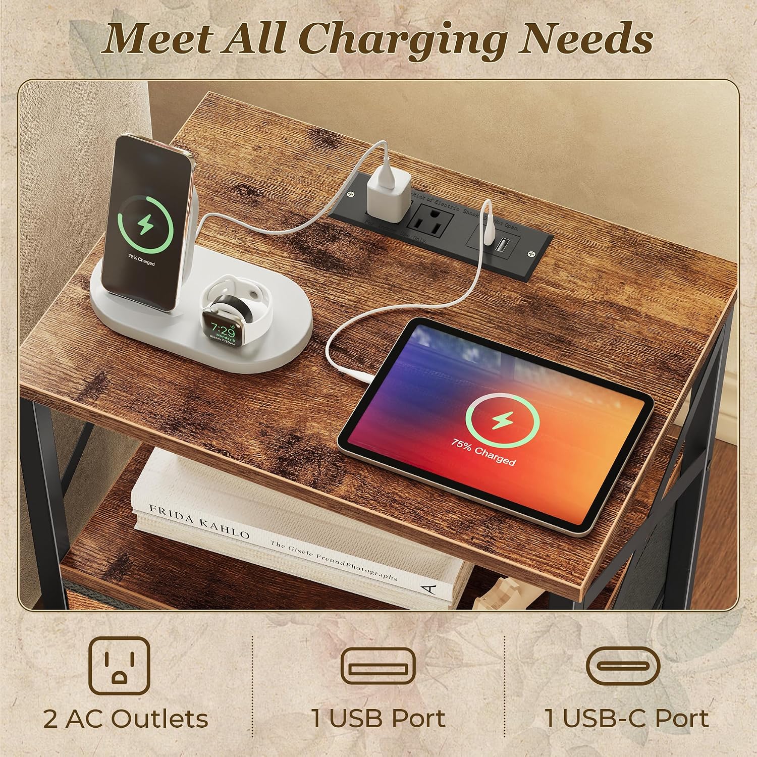 Detalle 1 de Huuger Nightstand with Charging Station, Rustic Brown