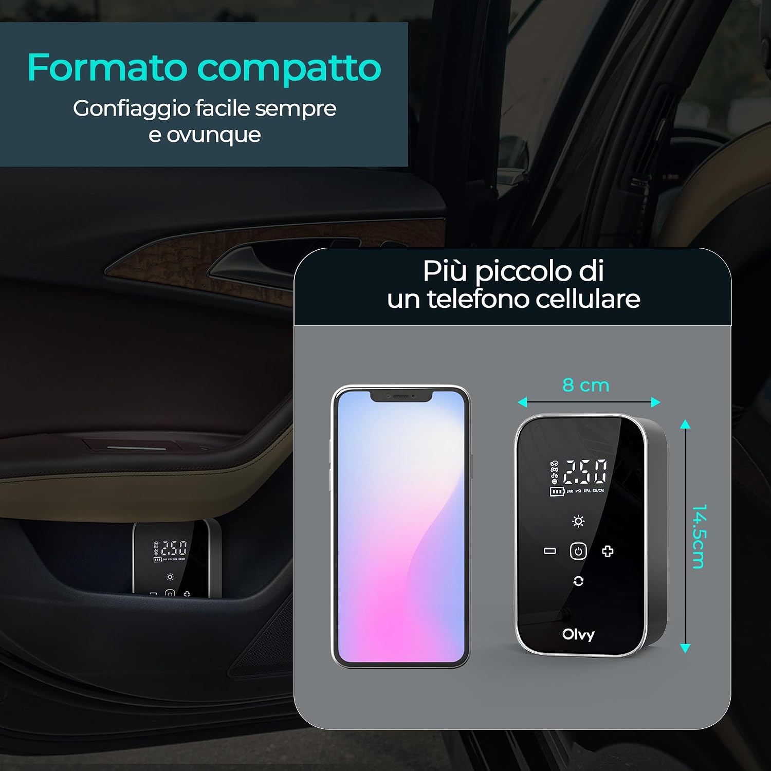 Thumbnail 5 de Olvy Compressore d'aria portatile 12V: gonfiaggio rapido e sicuro ovunque