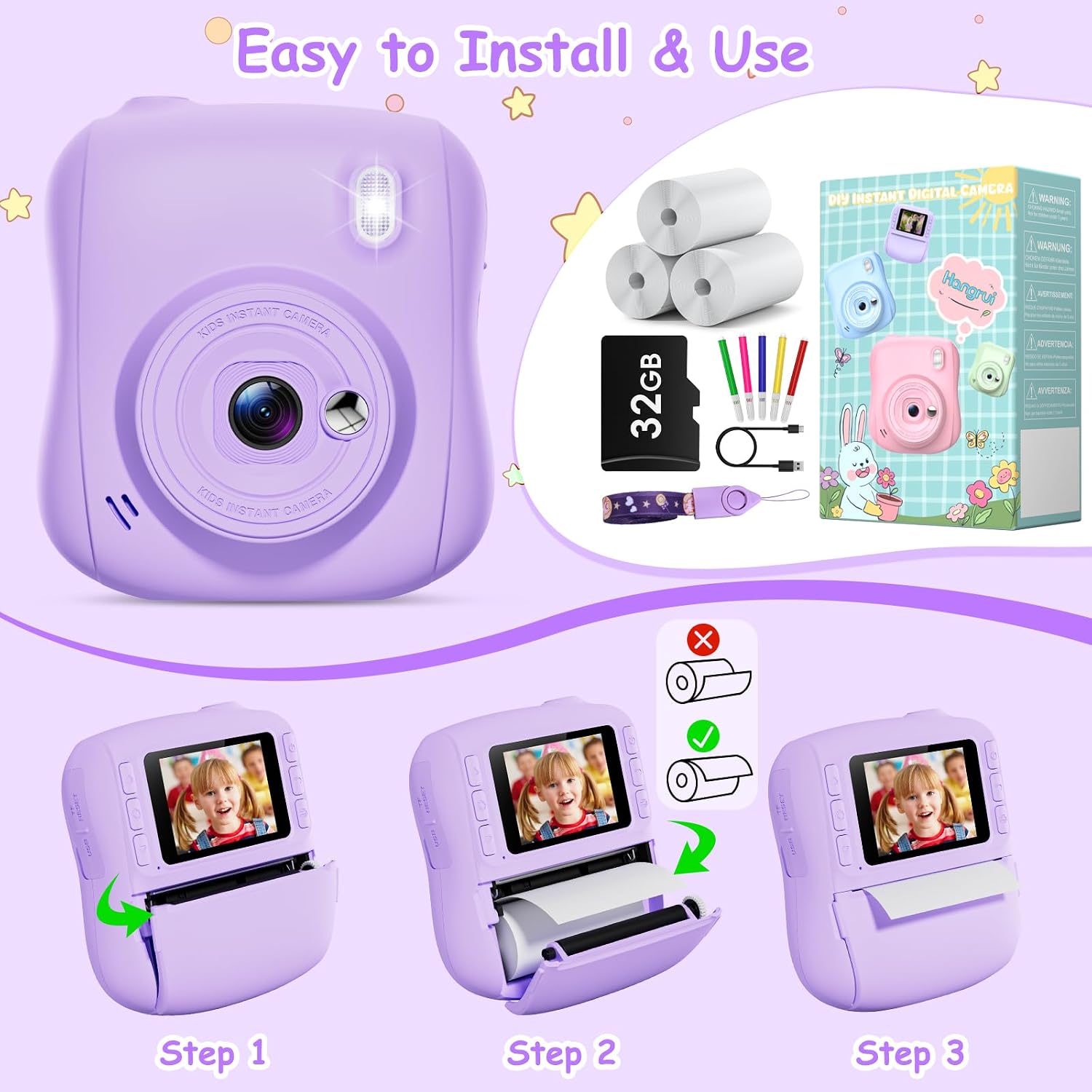 Thumbnail 4 de Hangrui Kinderkamera Sofortbildkamera (14 MP) mit 32-GB-Karte, Sofortdruck & 1080P – lila