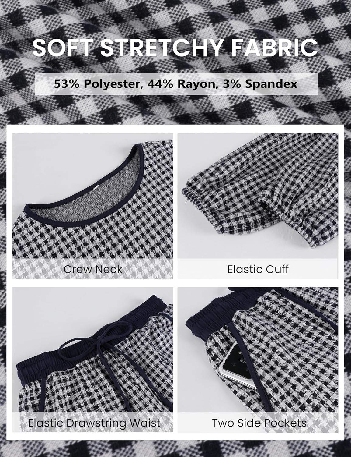 Detalle de APAFES Women's Gingham Two-Piece Lounge Set with Peplum Top and Wide-Leg Pants