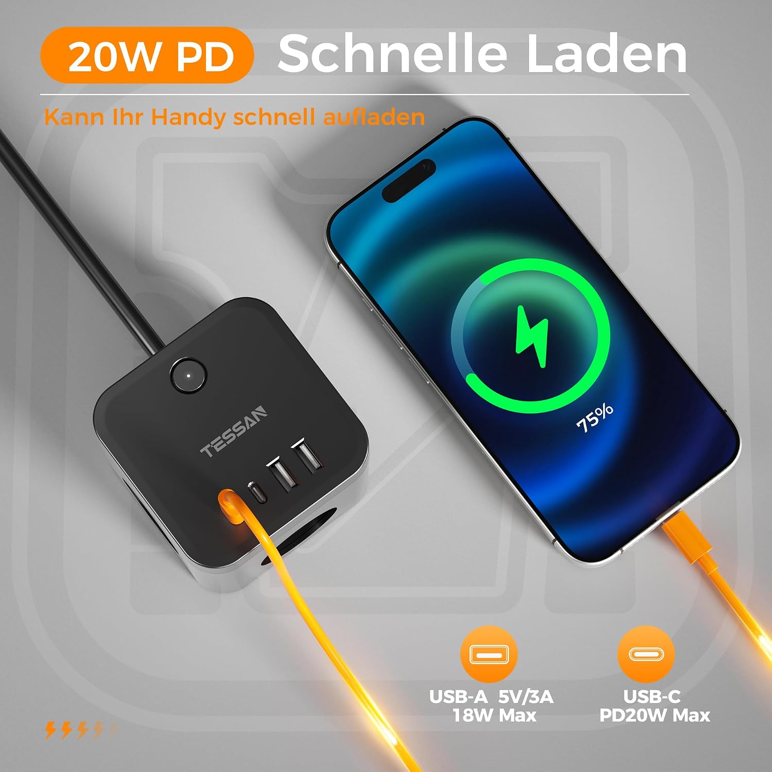Detalle de TESSAN grenuttag med 3 eluttag, 2 USB-C, 2 USB-A och 20 W PD