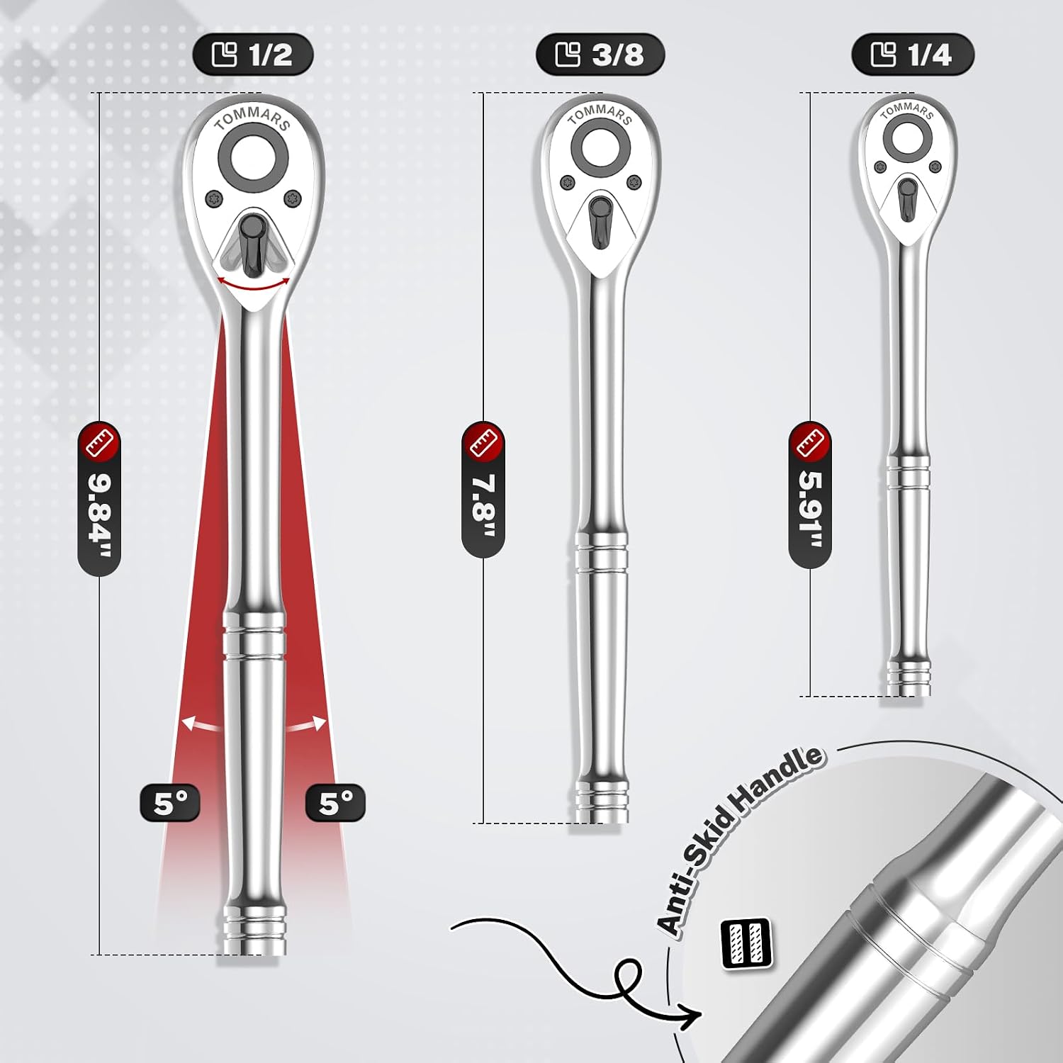 Thumbnail 6 de TOMMARS 3/8-Inch Drive Ratchet Wrench, 72-Tooth, 5-Degree Swing Arc