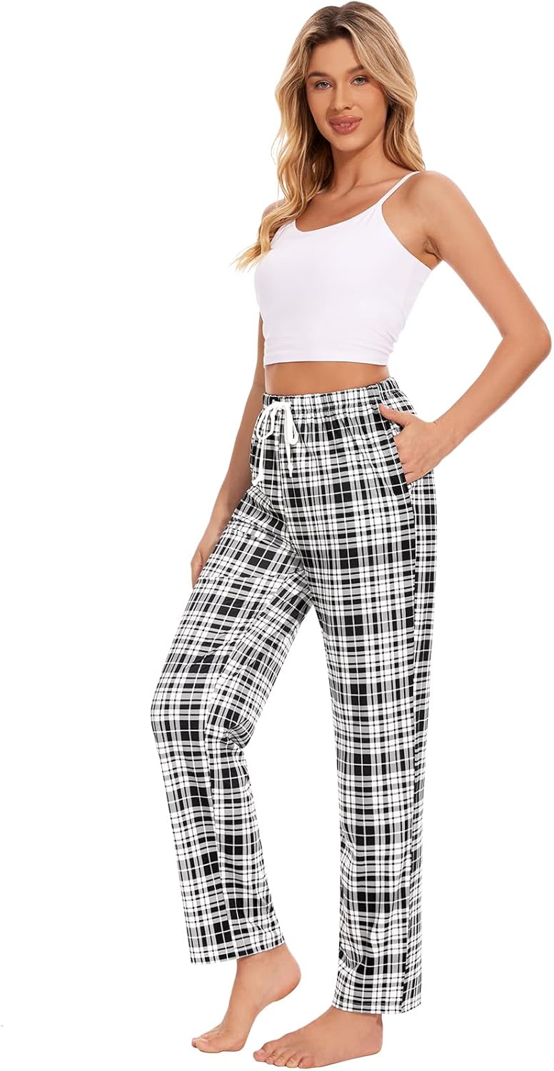Detalle de Knuffnee Women’s Pyjama Bottoms – Plaid Wide-Leg Lounge Pants with Pockets (2 Pack)