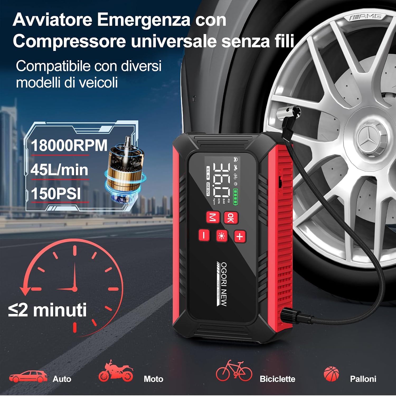 Detalle de OGORI NEW Booster Avviamento Auto portatile 6000A con compressore aria, torcia LED e display LCD