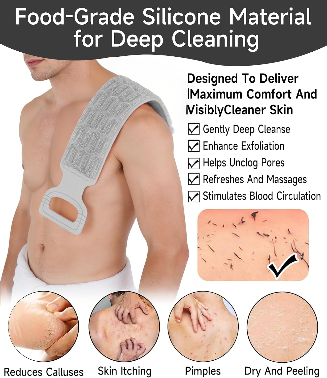 Detalle de Mabnuby Silicone Back Scrubber with Handles, Grey, 87 cm