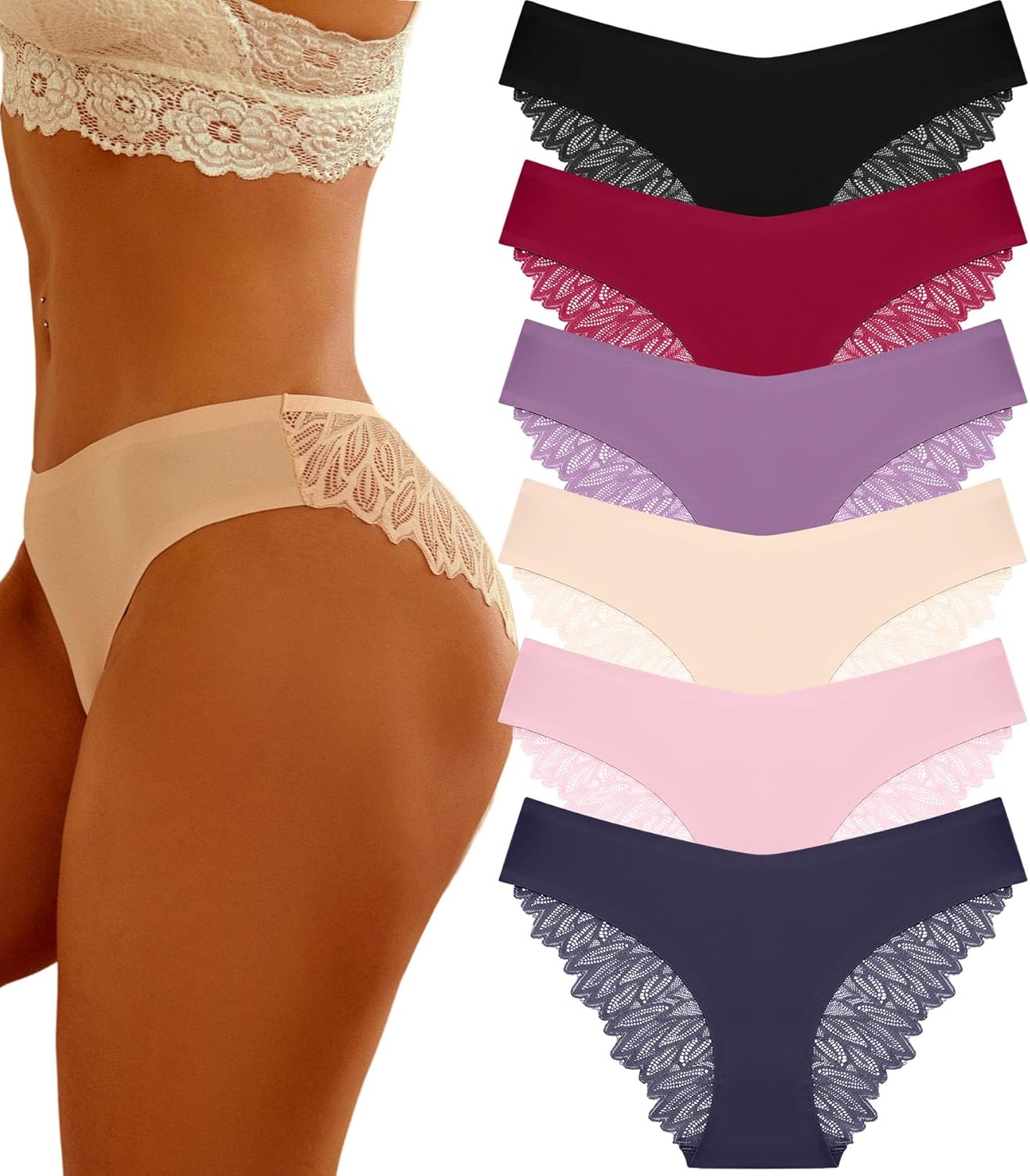 FINETOO 6-Pack Sexy No-Show Lace Bikini Underwear for Women (Silky Seamless Cheeky Hipster)