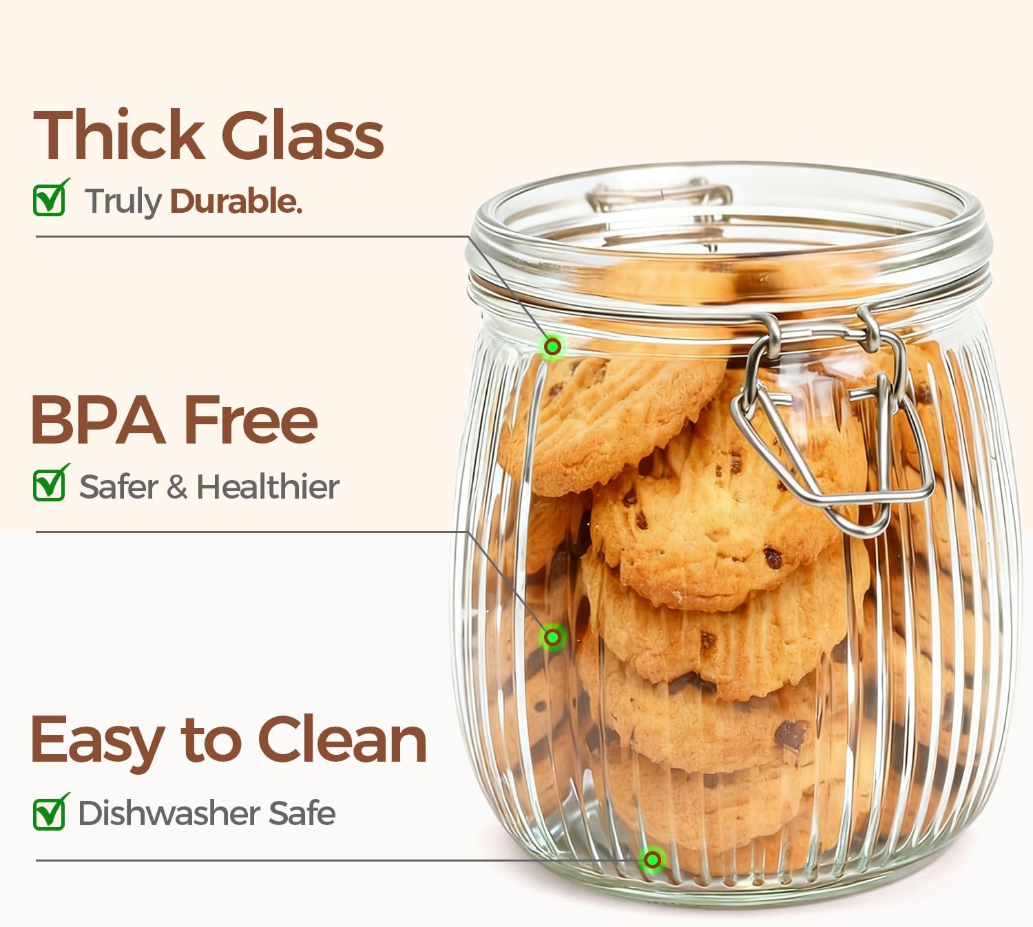 Detalle de ComSaf 750 ml Ribbed Airtight Glass Storage Jars, Set of 6