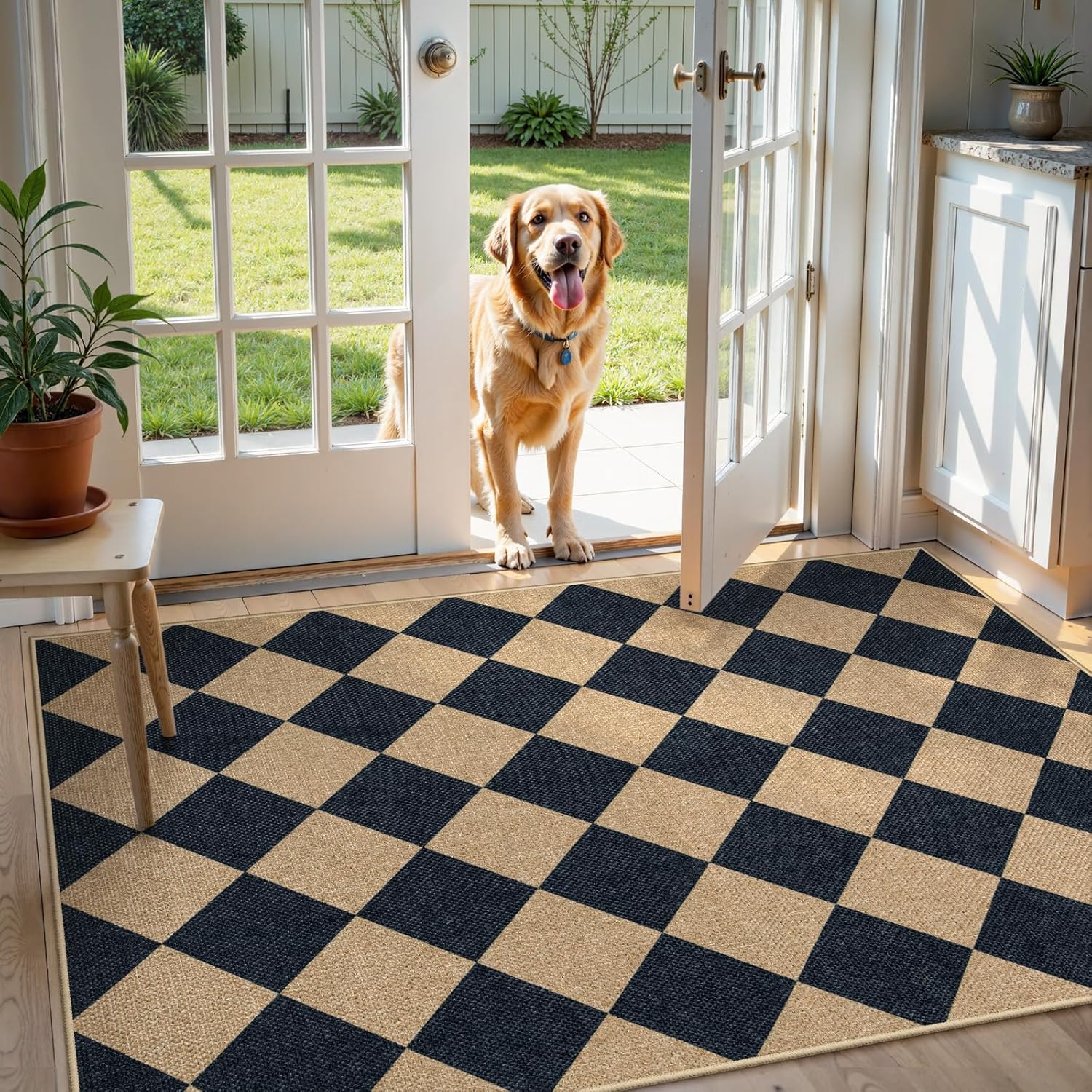 Detalle de Lahome Colette Checkered Easy Jute 3x5 Outdoor Patio Rug (Washable, Non-Slip TPE Backing)