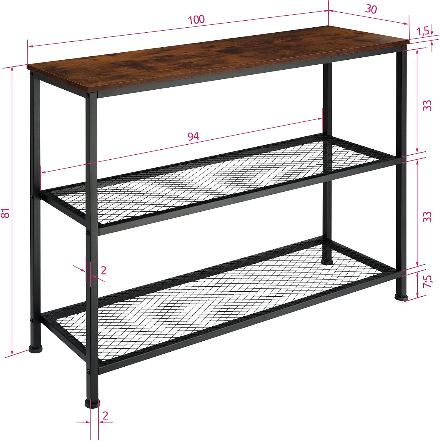 Detalle de tectake 404200 Bristol konsolbord med tre nivåer, 100 x 30 x 81 cm
