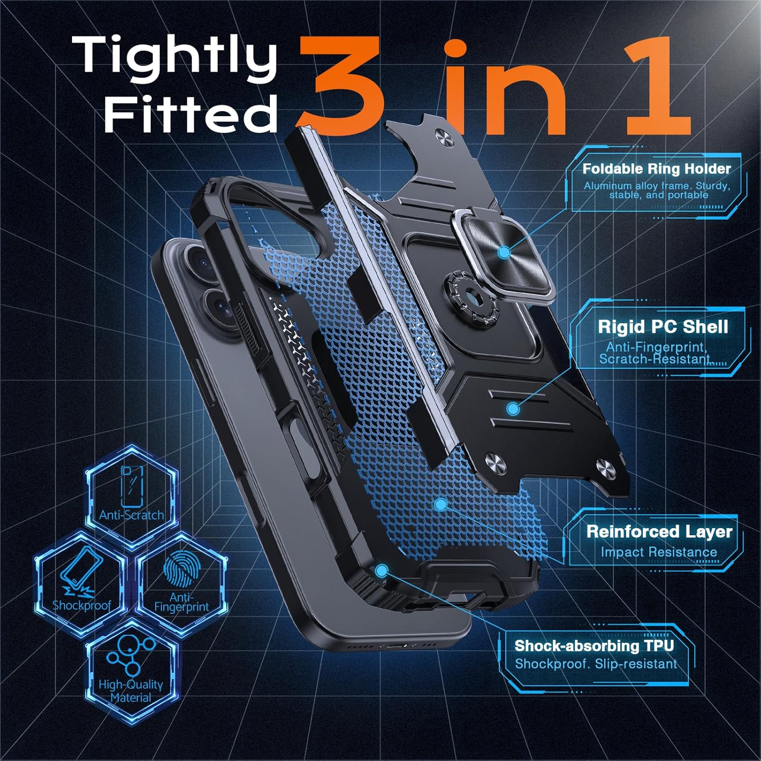 Thumbnail 4 de Anqrp Armor Handyhülle für iPhone 17 mit Ring-Ständer – stoßfeste Schutzhülle mit Metallplatte für Magnethalter, Schwarz