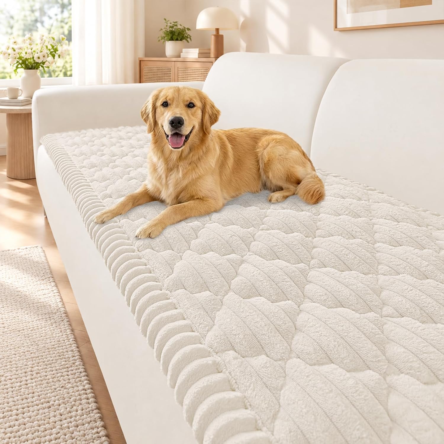 Detalle de Smiry Pet Couch Covers for Dogs – Washable, Non-Slip Fuzzy Sofa Cover (White, 27.6" x 59")