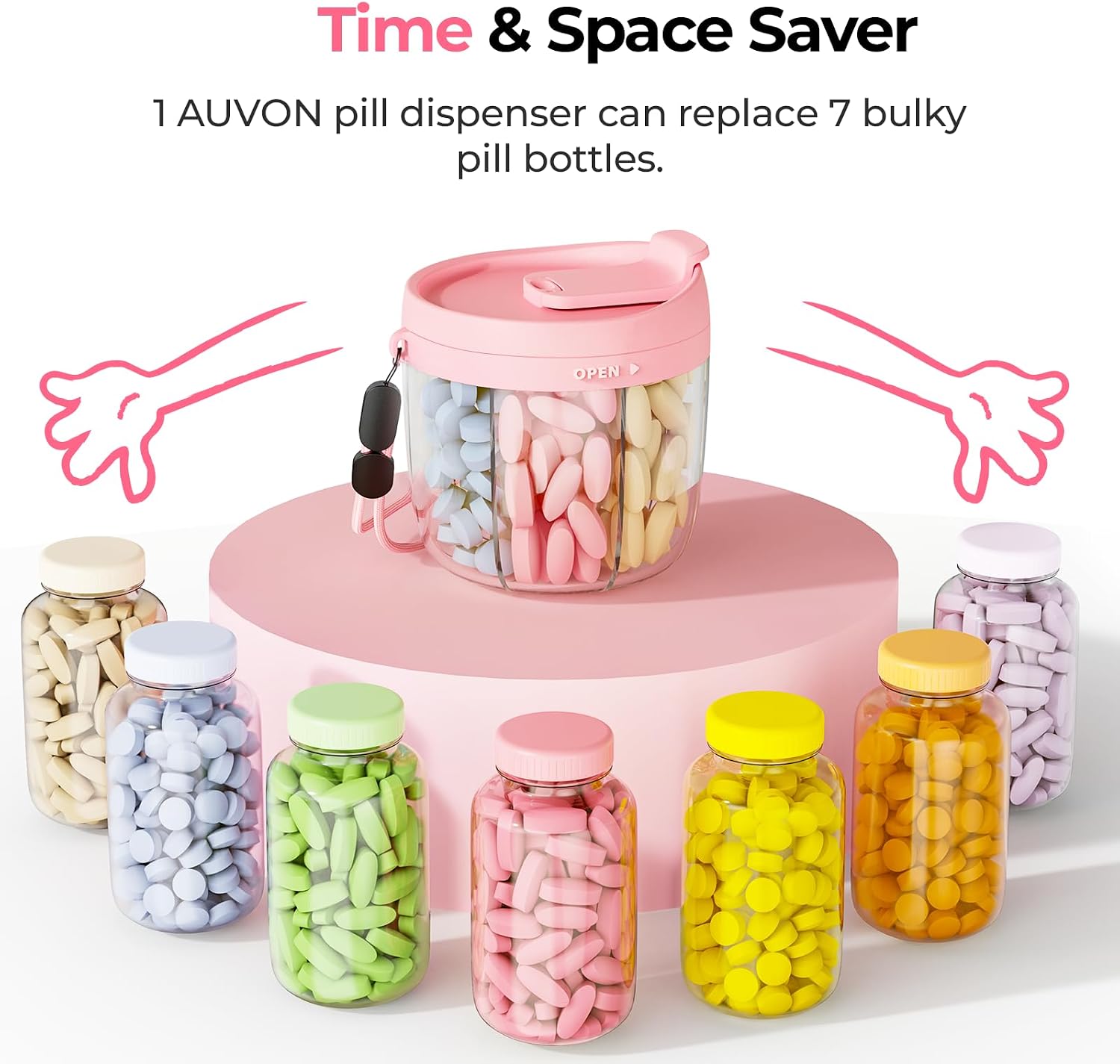 Detalle 1 de AUVON PD4007 Pill Organizer, 7 Compartments, Wide Opening, Pink