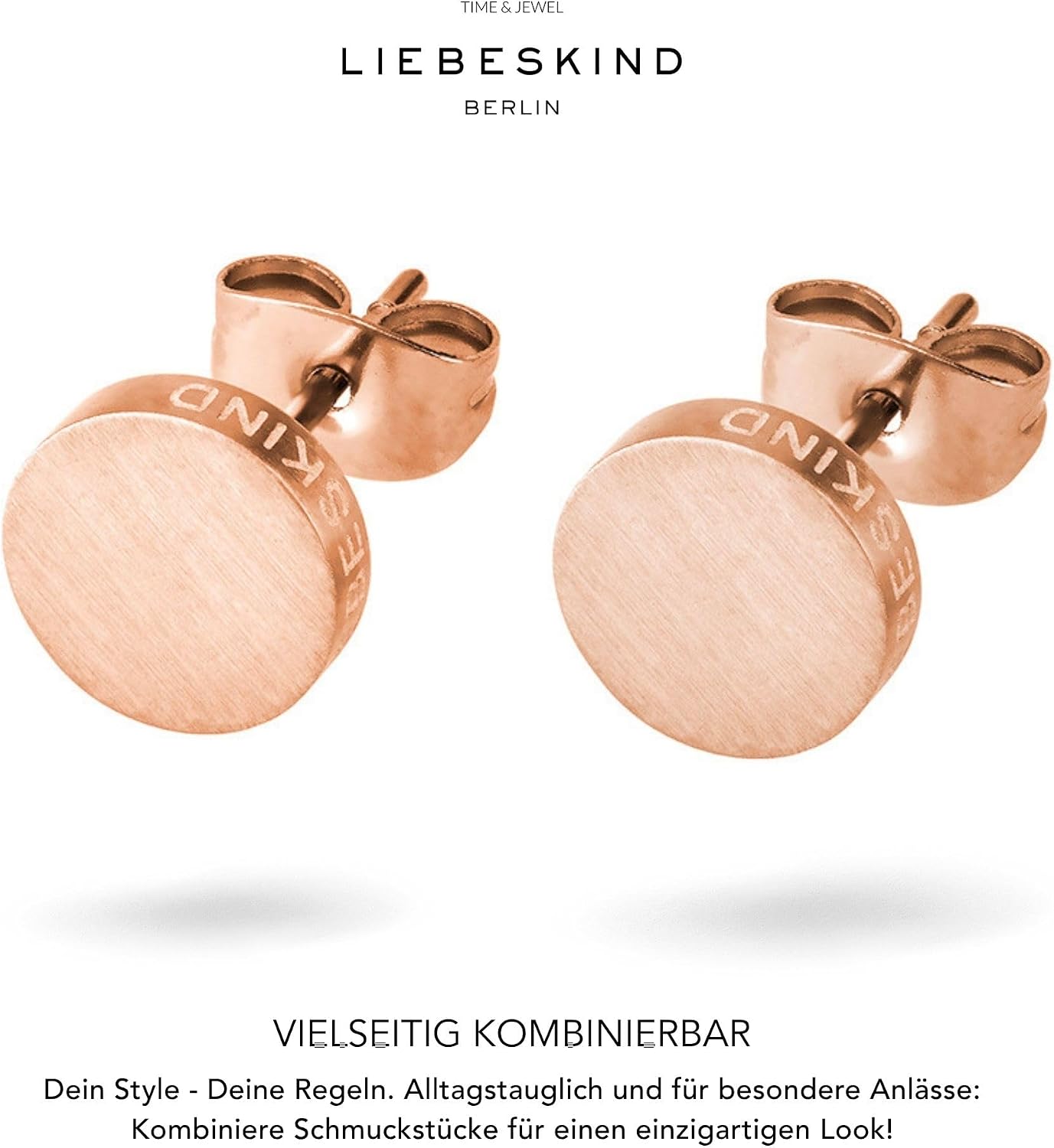 Detalle de LIEBESKIND BERLIN Damen Ohrstecker Basic – Edelstahl rosévergoldet, 7 mm, mattierte & polierte Oberflächen