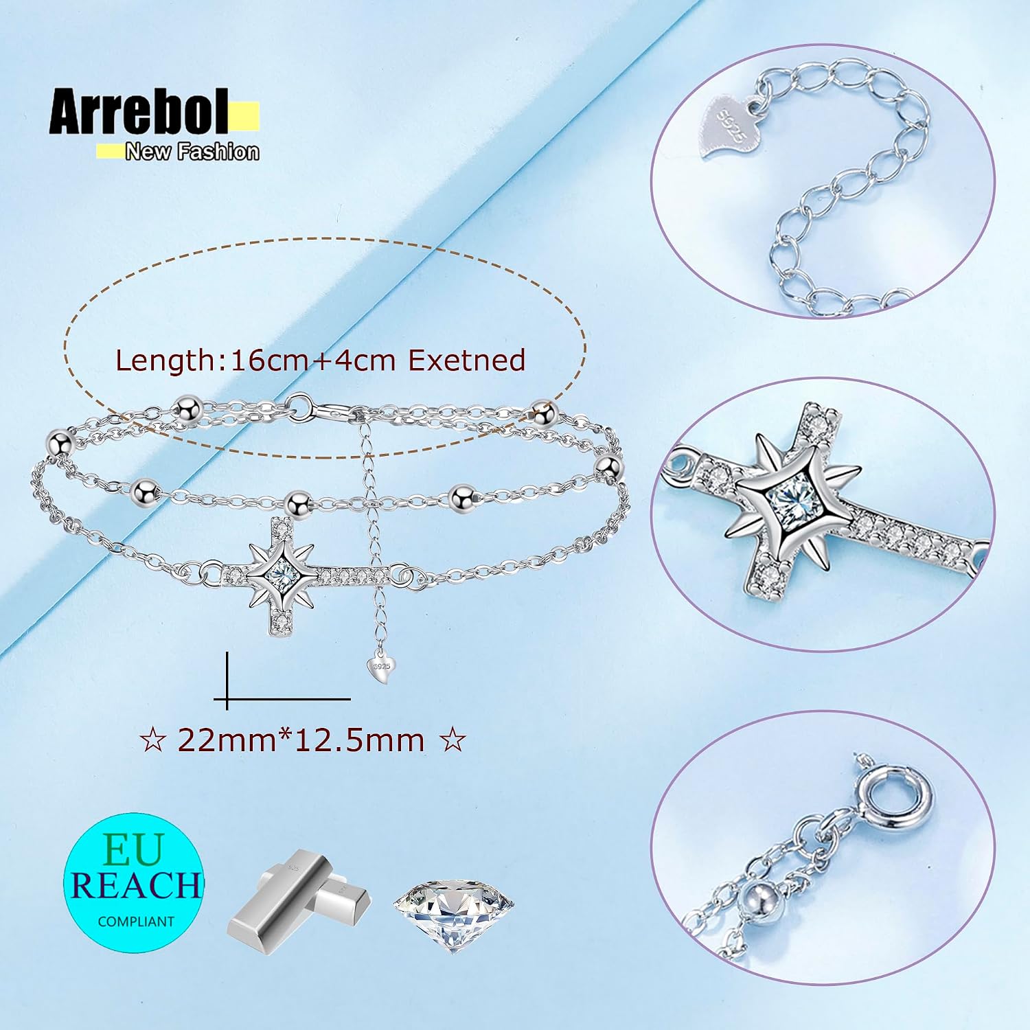 Detalle de Bracelet croix argent 925 réglable 16cm+4