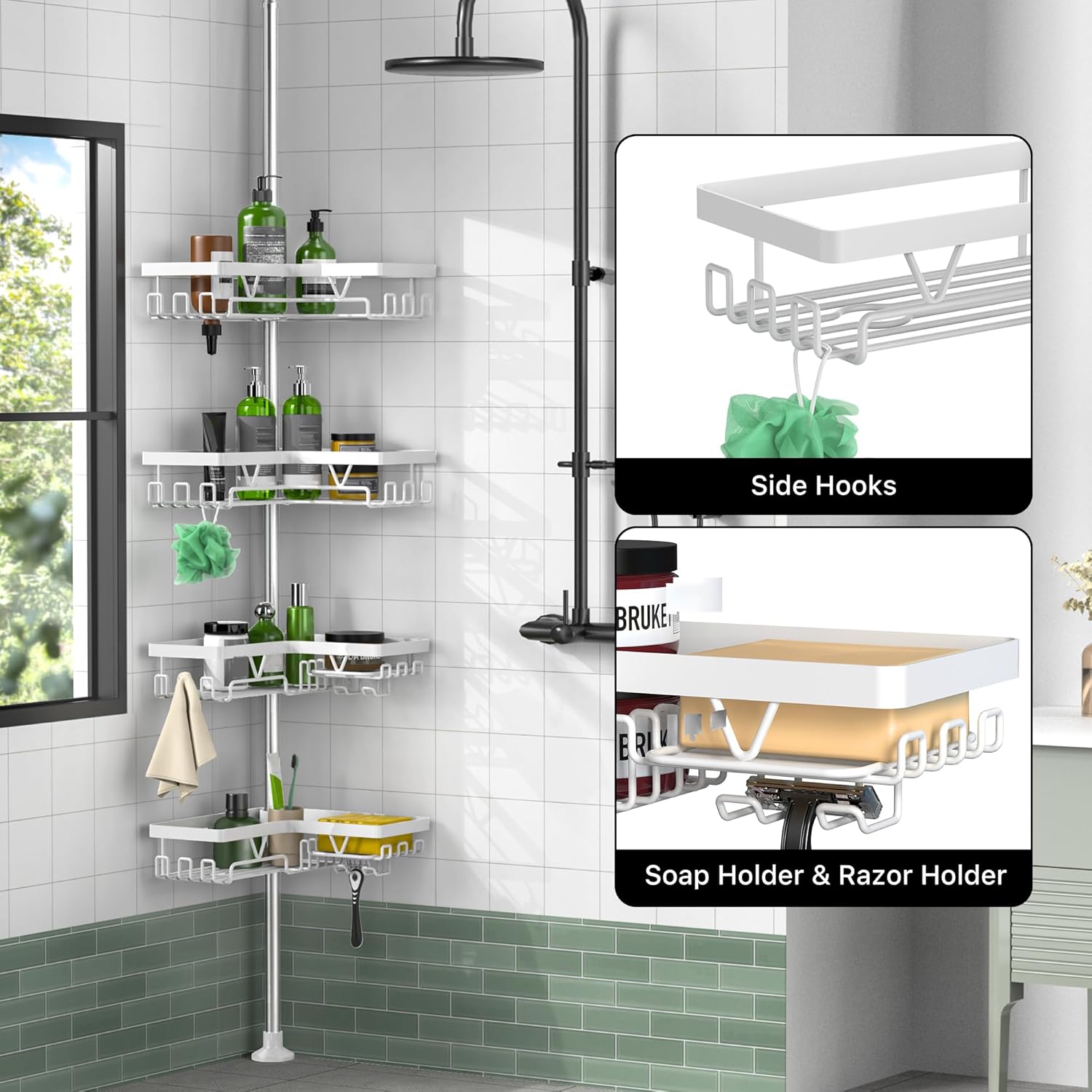 Thumbnail 1 de KEGII Telescopic Corner Shower Caddy (Stainless Steel) with Soap Holder, Hooks and No-Drill Tension Rod Shelf
