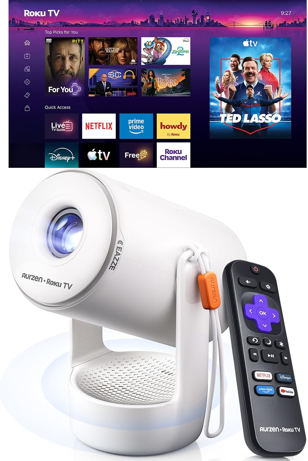 Detalle de Aurzen Roku TV mini projector with 180° rotation