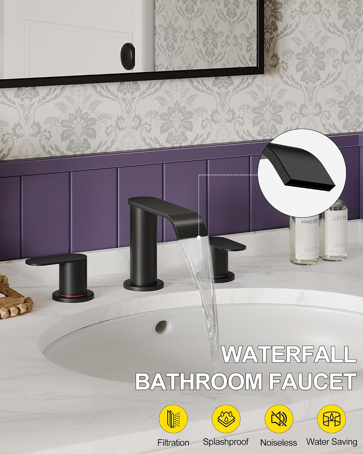 Detalle 2 de Homevacious Matte Black Waterfall Bathroom Faucet, 3-Hole 8-Inch Widespread