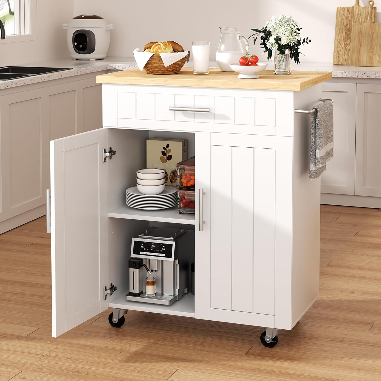Detalle de Shintenchi DT828 Rolling Kitchen Island Cart, White, with Cabinet and Drawer