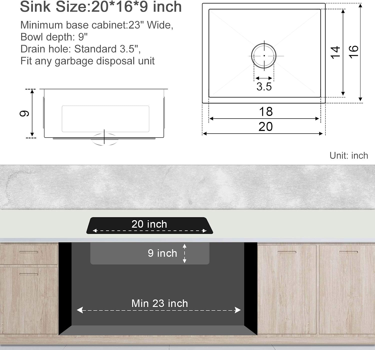Detalle de MENATT Undermount Kitchen Sink, SUS304 Stainless Steel