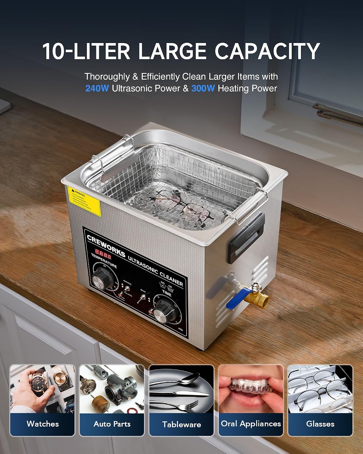 Thumbnail 3 de CREWORKS 10L Ultrasonic Cleaner, 240W with Heater, Degas and Gentle Modes