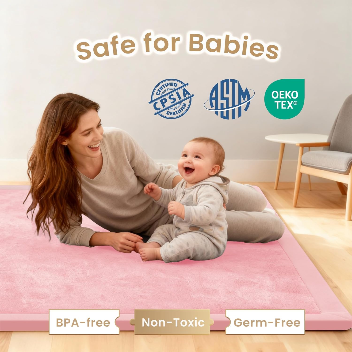 Thumbnail 1 de ACOMOPACK Baby Play Mat (3.5CM Thick Memory Foam) Coral Velvet Activity Rug, 100×150cm Pink